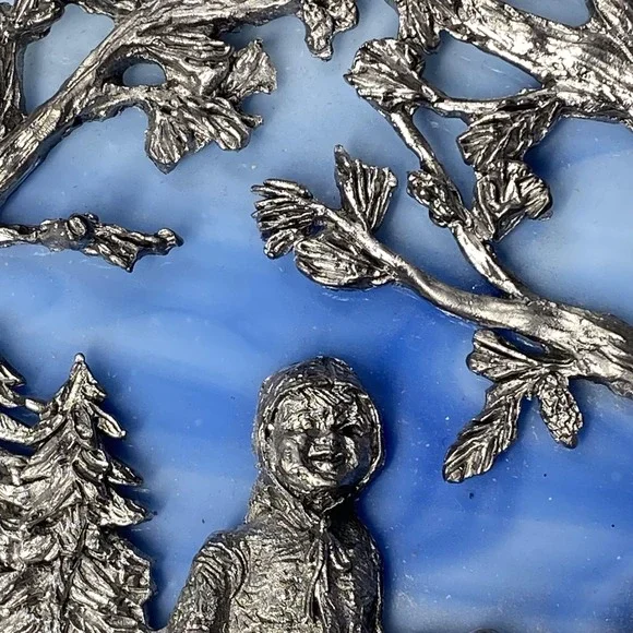 Vintage 1979 Michael Ricker‎ Rocky Mountain Christmas Pewter Glass Wall Plaque